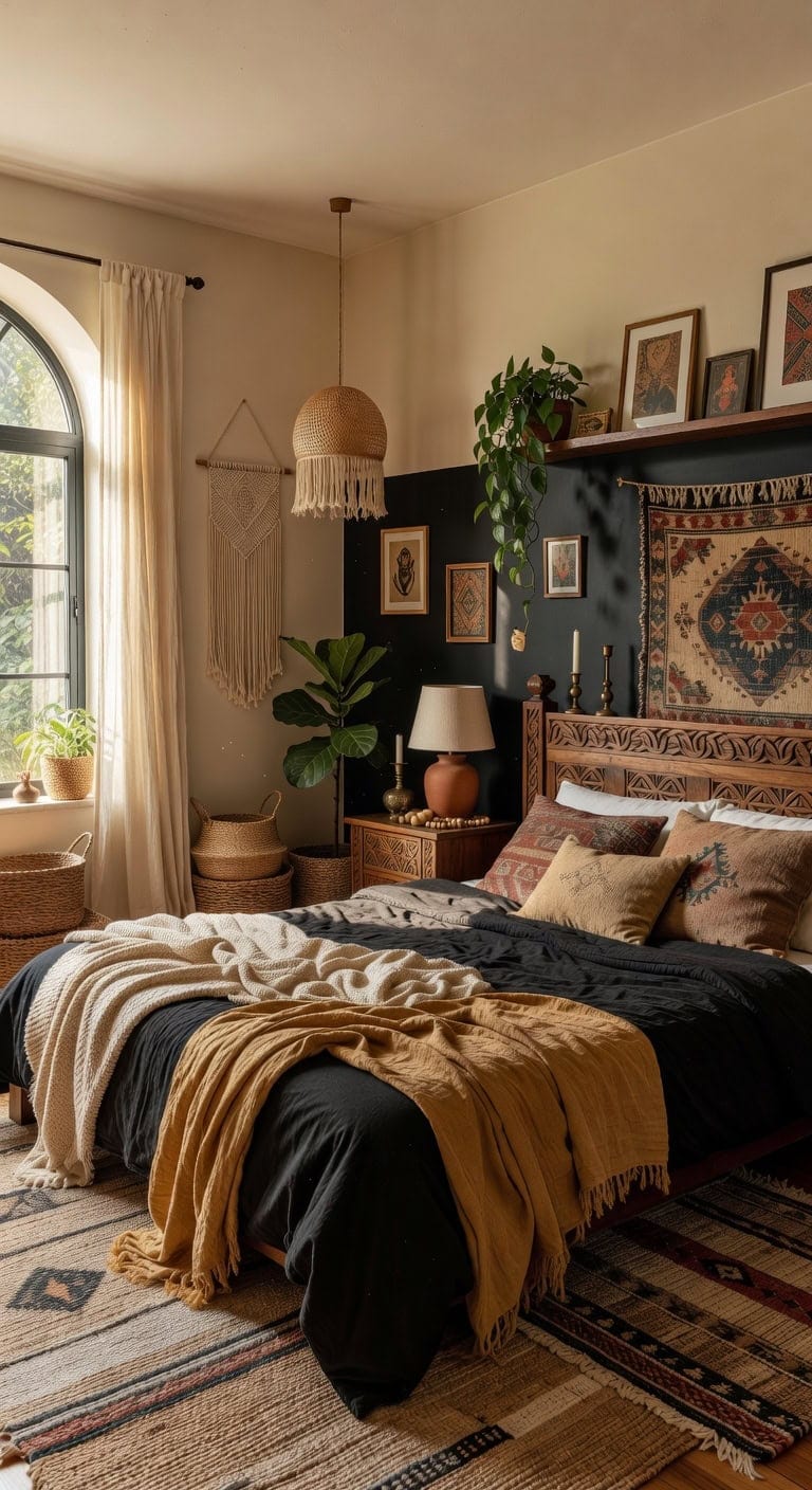 layered bohemian bedroom with black sheets
