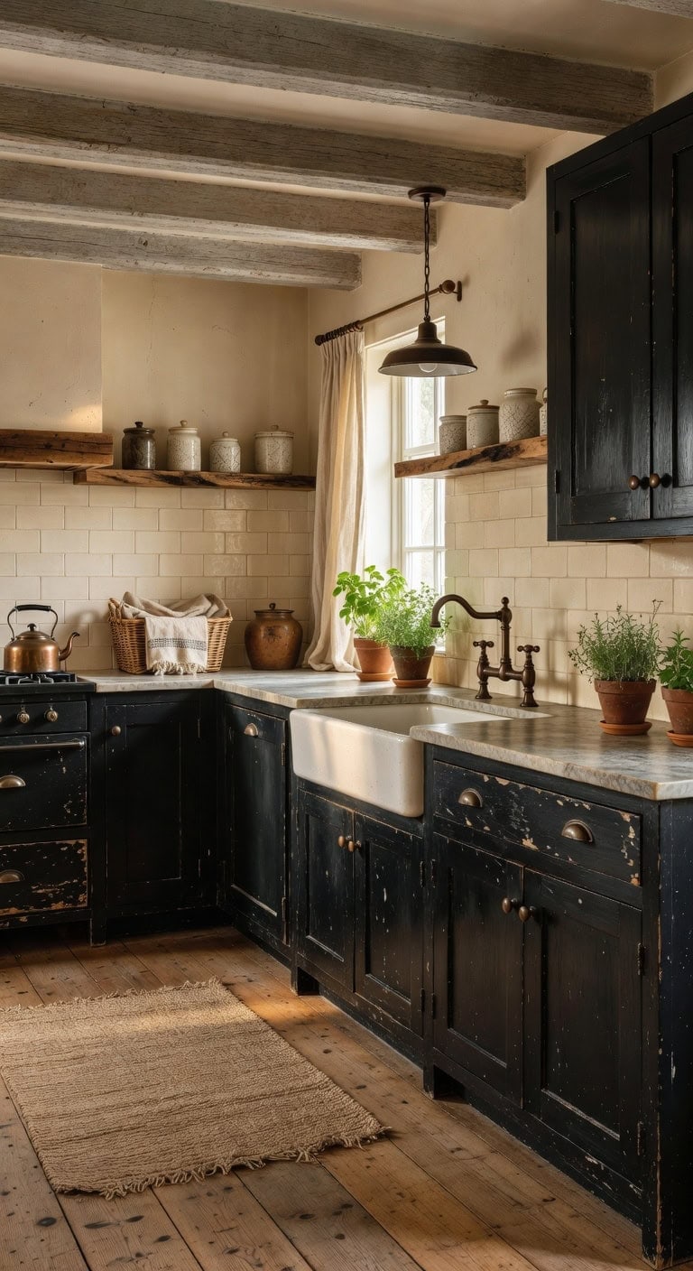 layered distressed worn black finishes