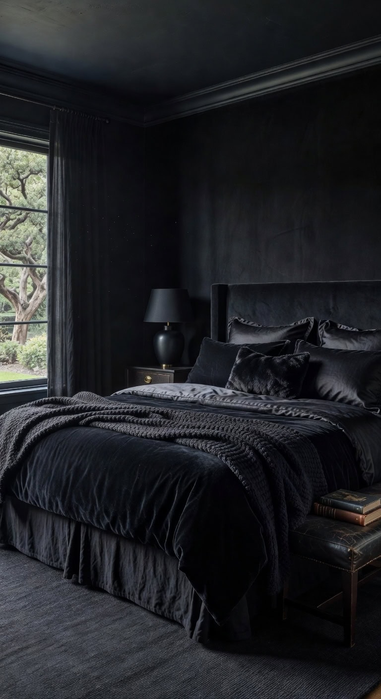 layered luxury black bedroom textiles