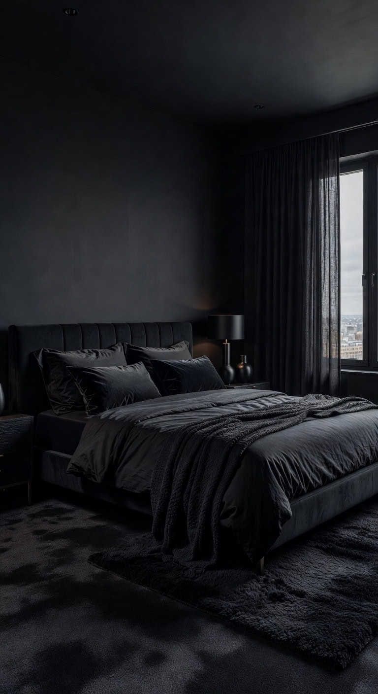 layered tonal black bedroom decor