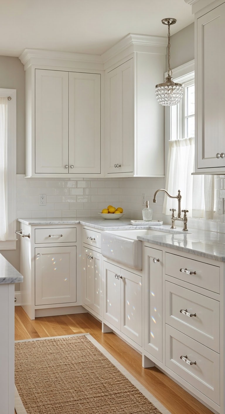luminous crystal highlights on white cabinetry