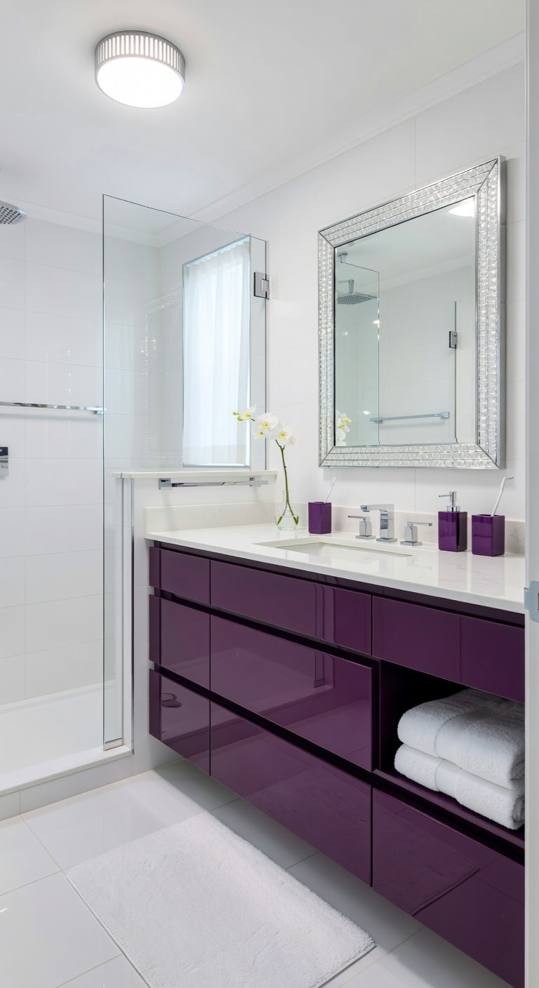 luminous reflective purple bathroom retreat