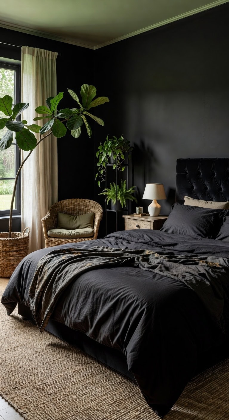 lush greenery enhances black bedding sanctuary