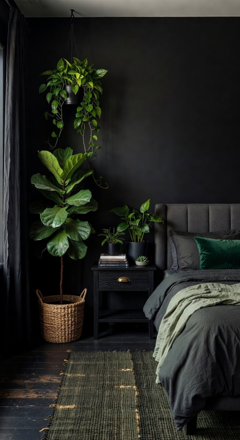 lush greenery in dark bedroom