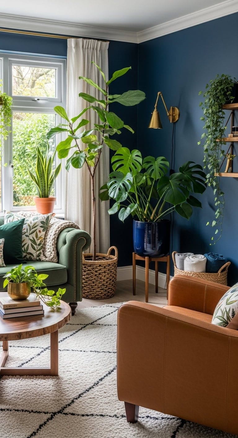 lush greenery in navy spaces