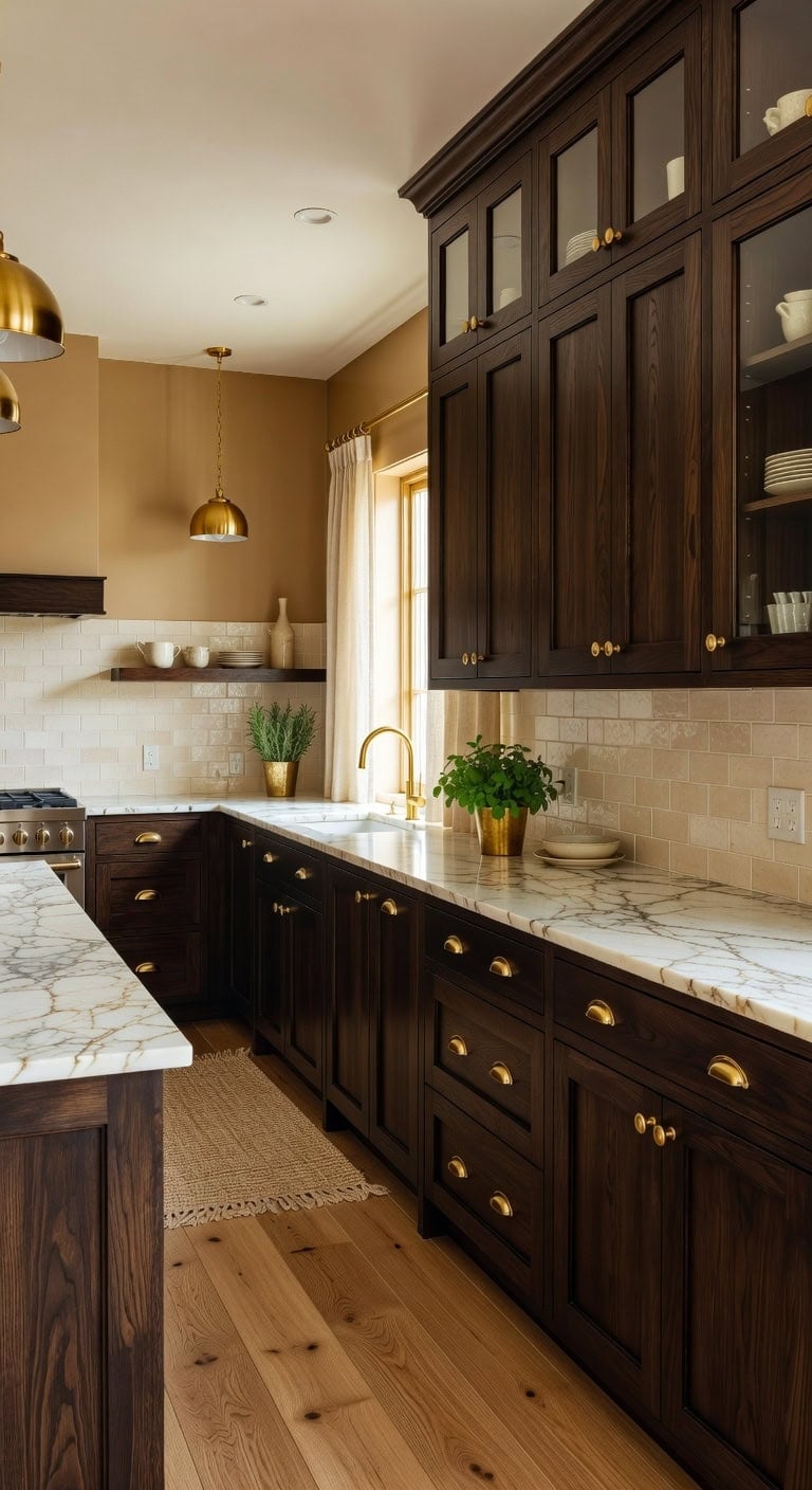 luxurious espresso cabinets with gleaming gold