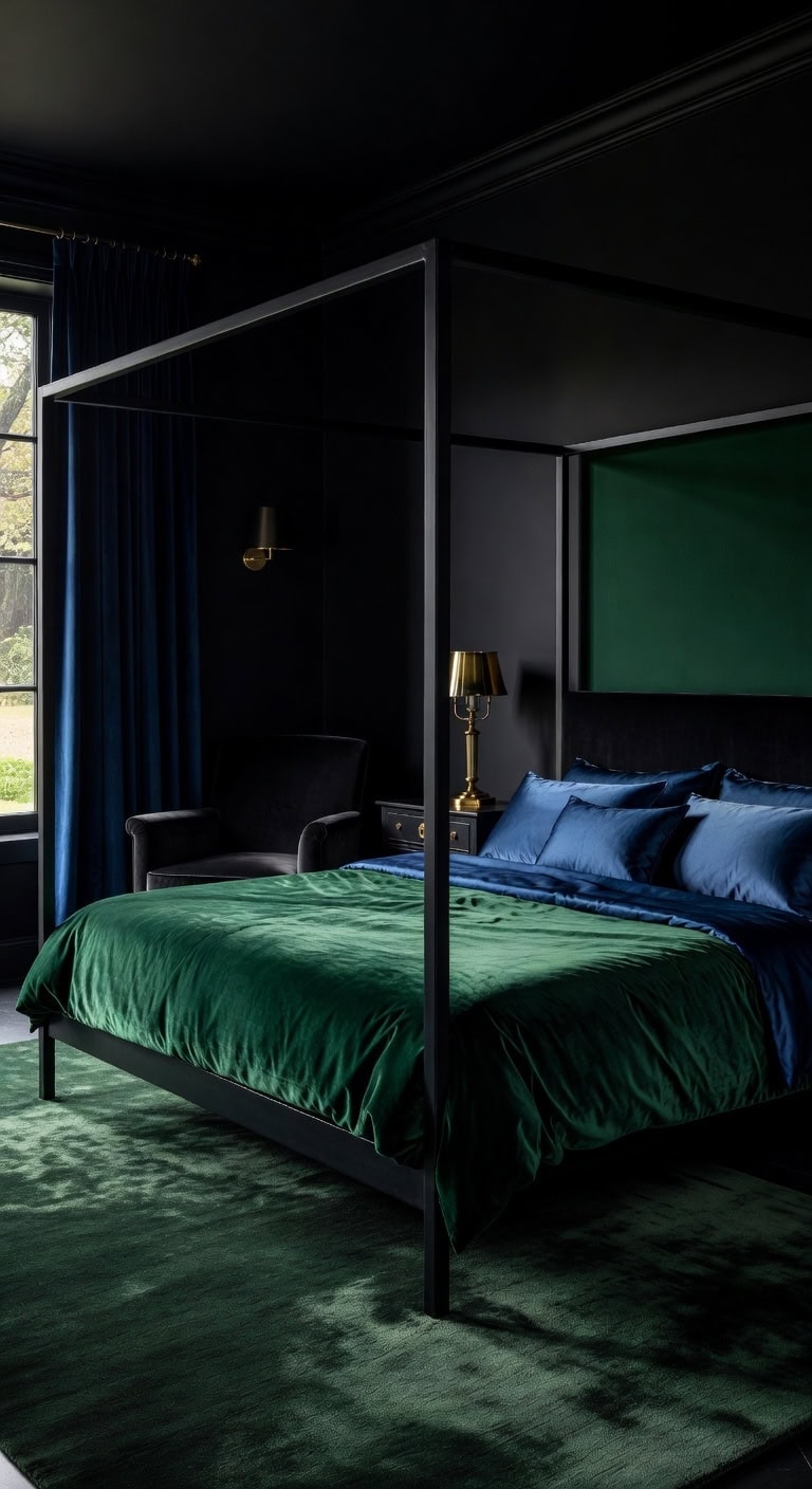 luxurious inviting bedroom with jewel tones