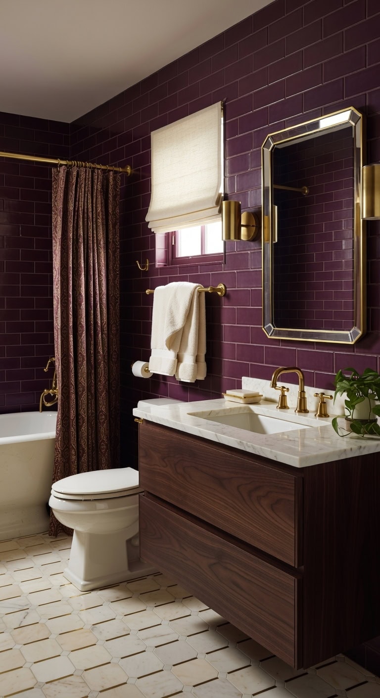 luxurious mulberry and brass bathroom design