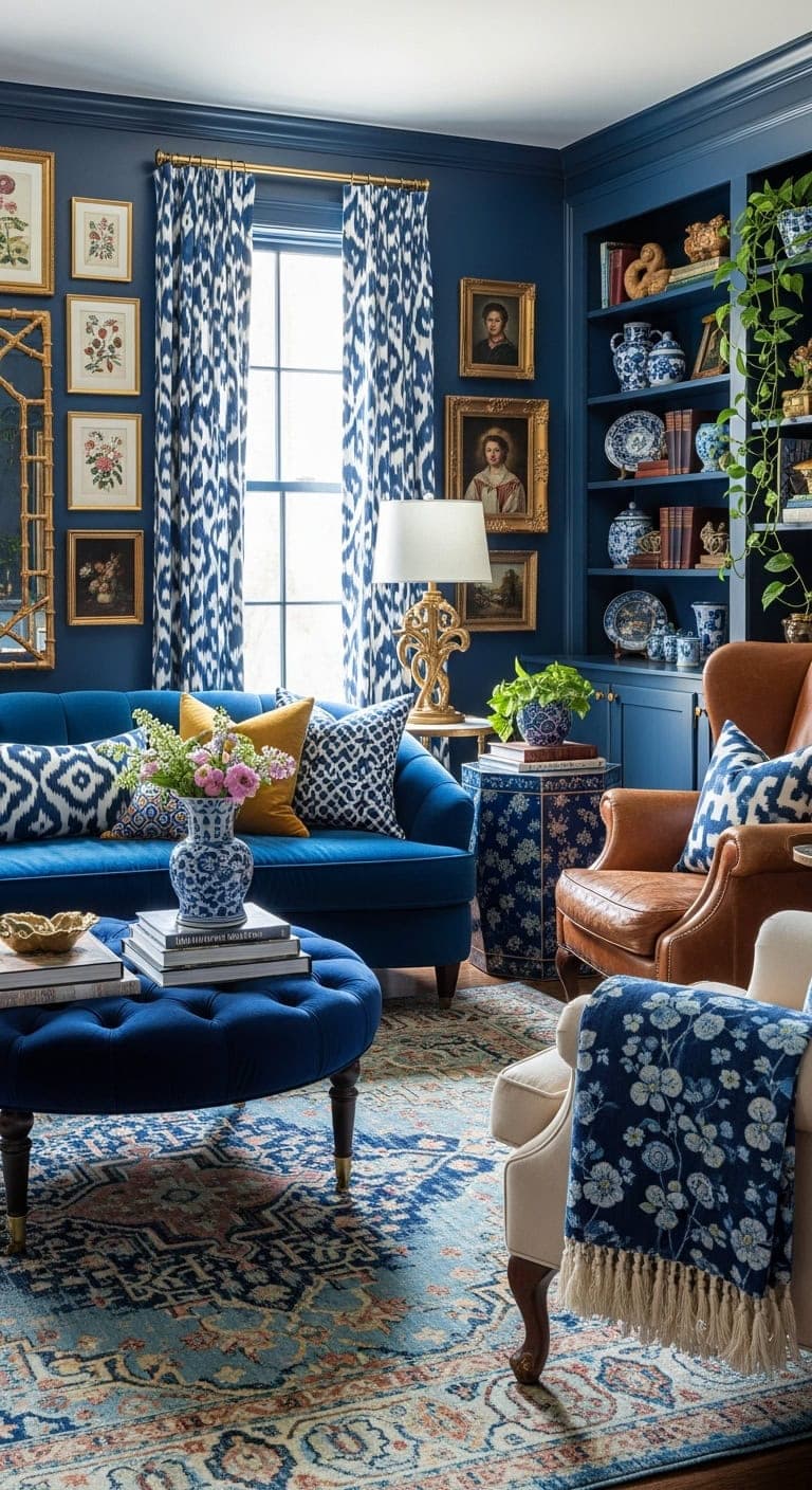 maximalist blue living room layered details