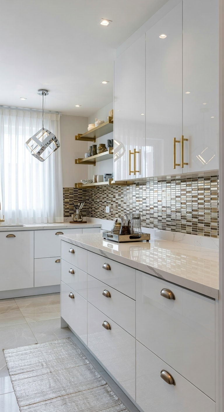 metallic accents elevate acrylic cabinets