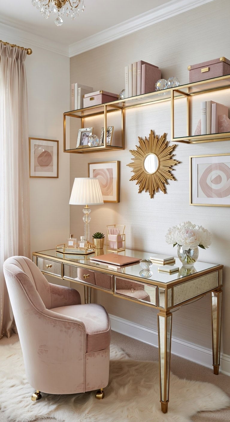 metallic velvet mirrored luxurious workspace