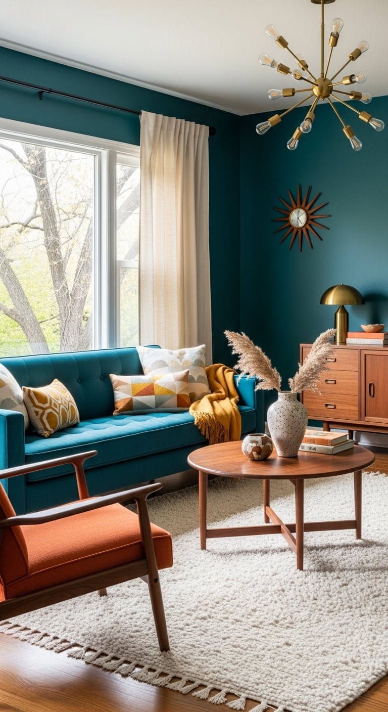 mid century retro teal living room