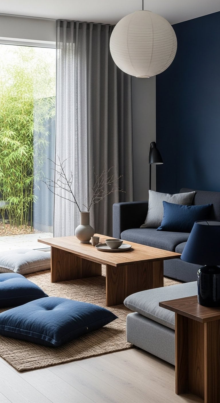 minimalist japandi retreat in navy grey