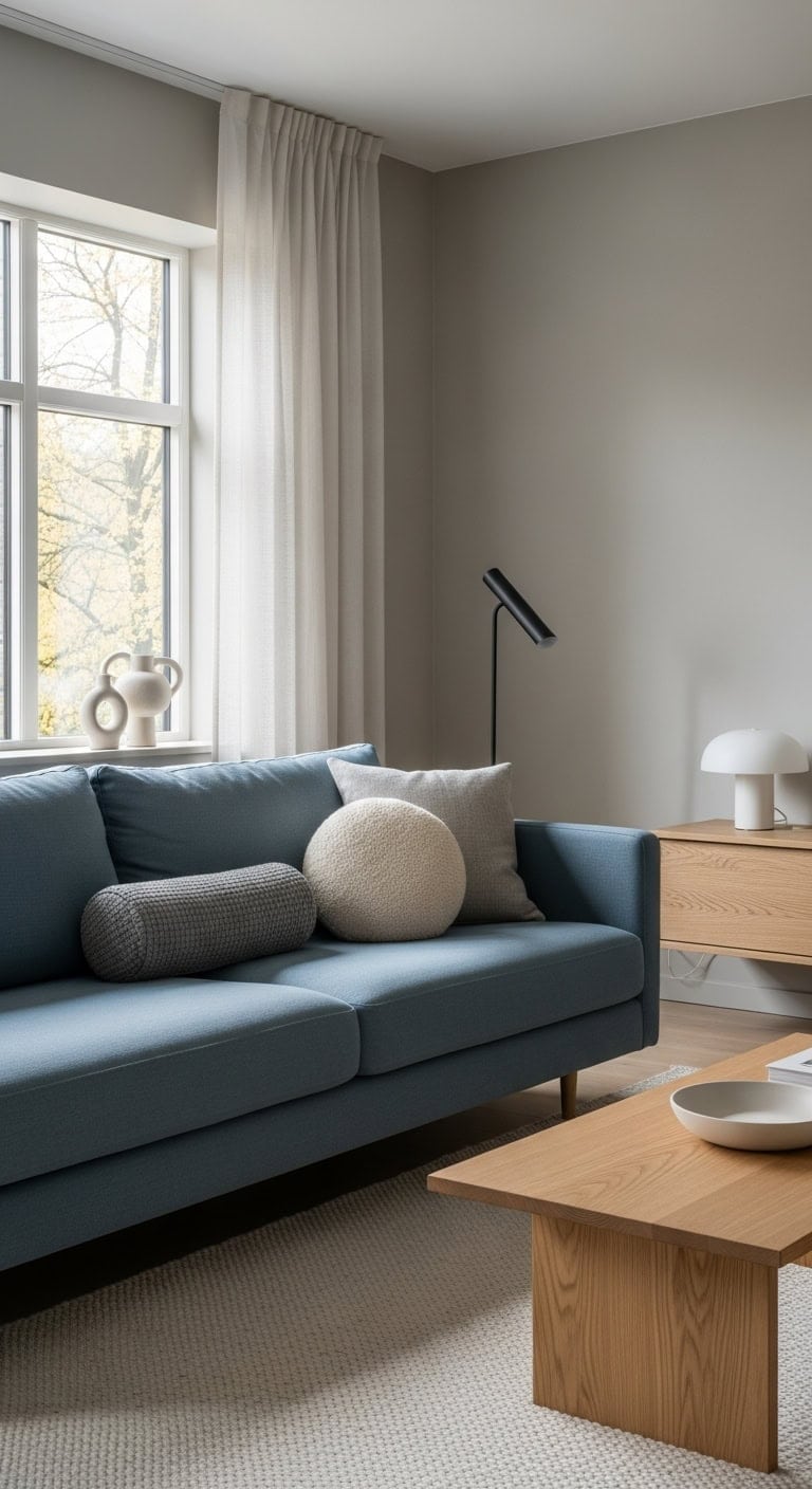 minimalist living room with slate blue sofa