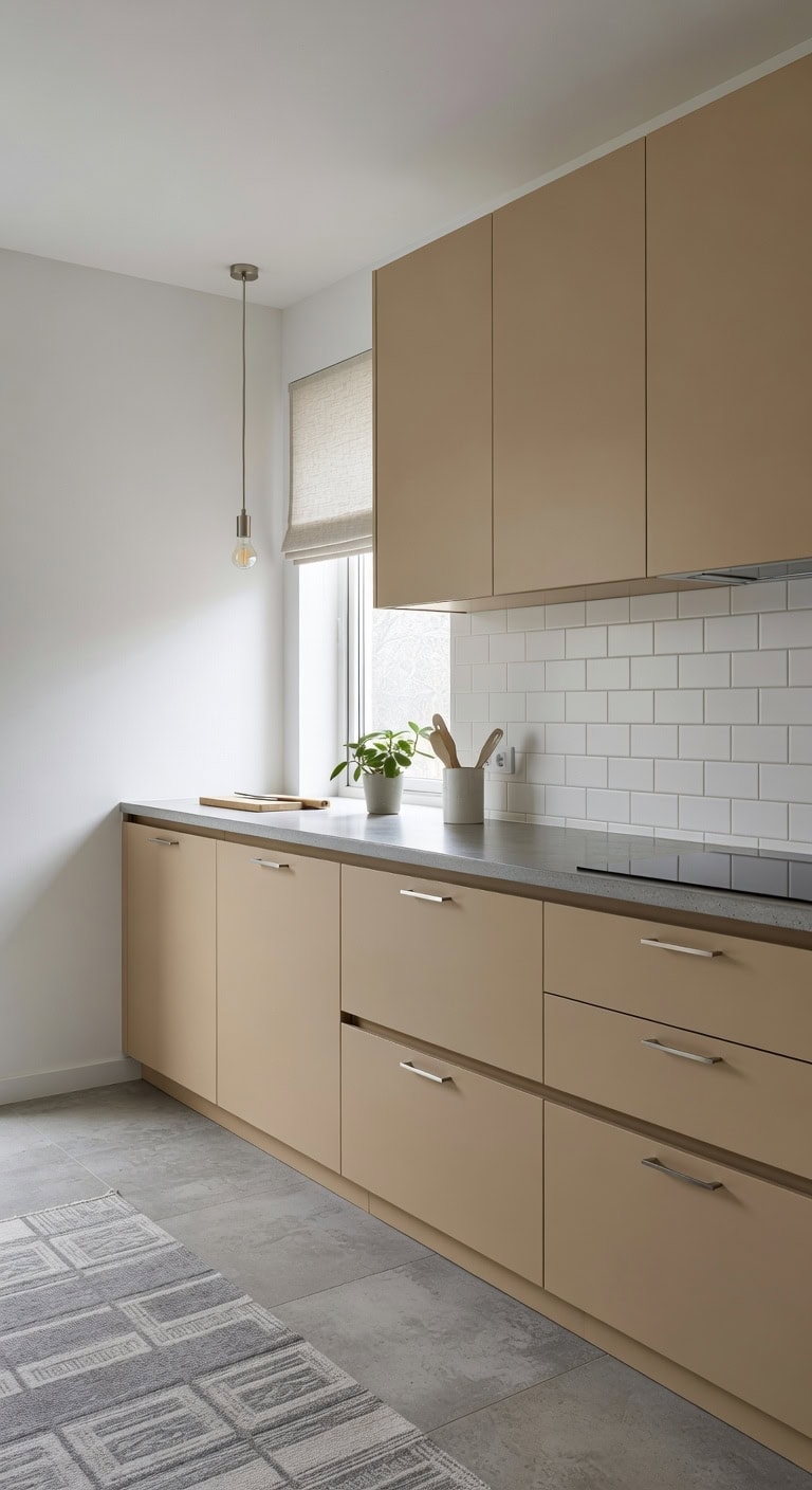 minimalist tan cabinets sleek warmth