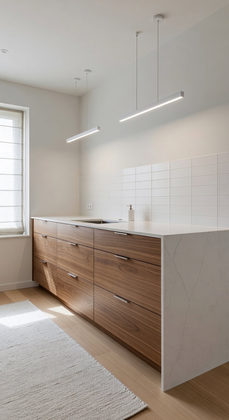 minimalist warm streamlined wood centric kitchen