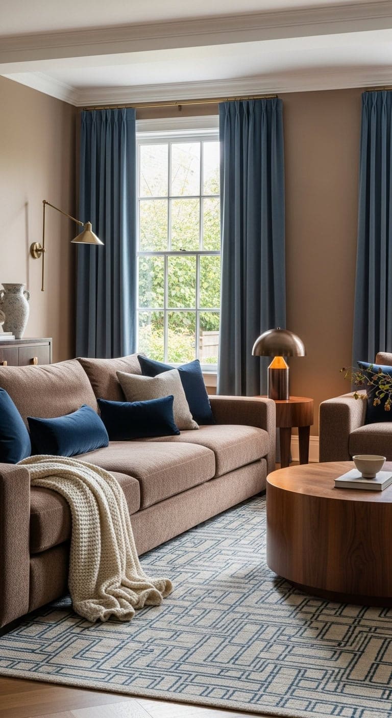 mocha sectionals slate blue drapes