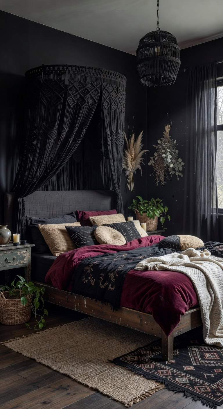moody boho gothic fusion bedroom