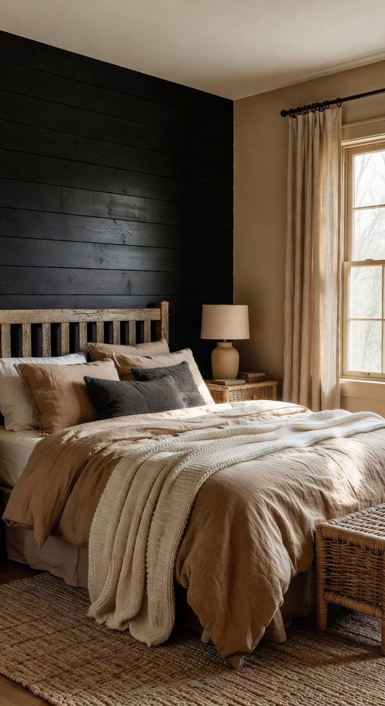moody farmhouse modern bedroom design