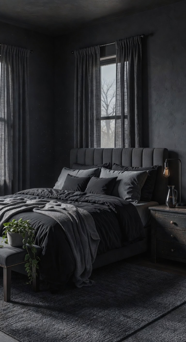moody sophisticated monochromatic cozy bedroom retreat