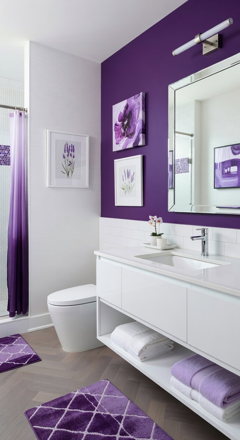 personality infusing purple bathroom art transformation
