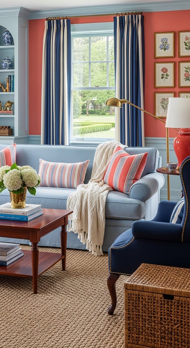 preppy coastal chic living room