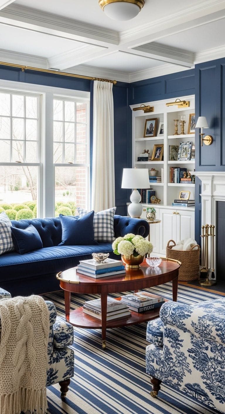preppy navy and white living room