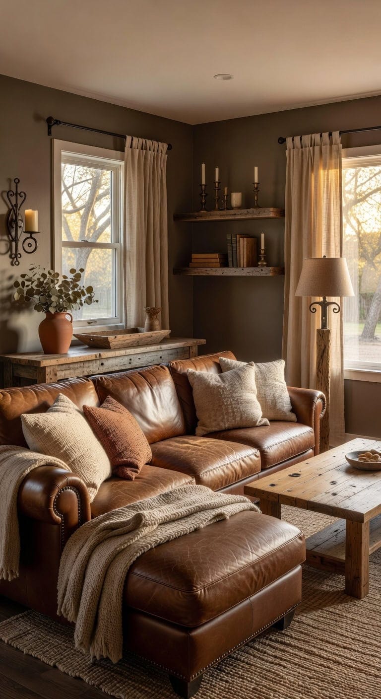 reclaimed wood complements brown sectional