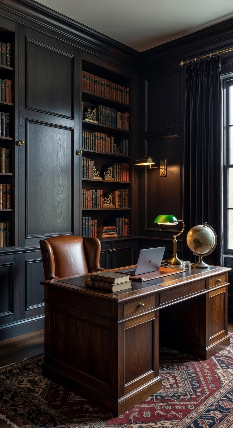 refined cozy library inspired office space
