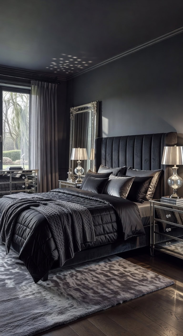 reflective furniture enhances dark bedroom ambiance