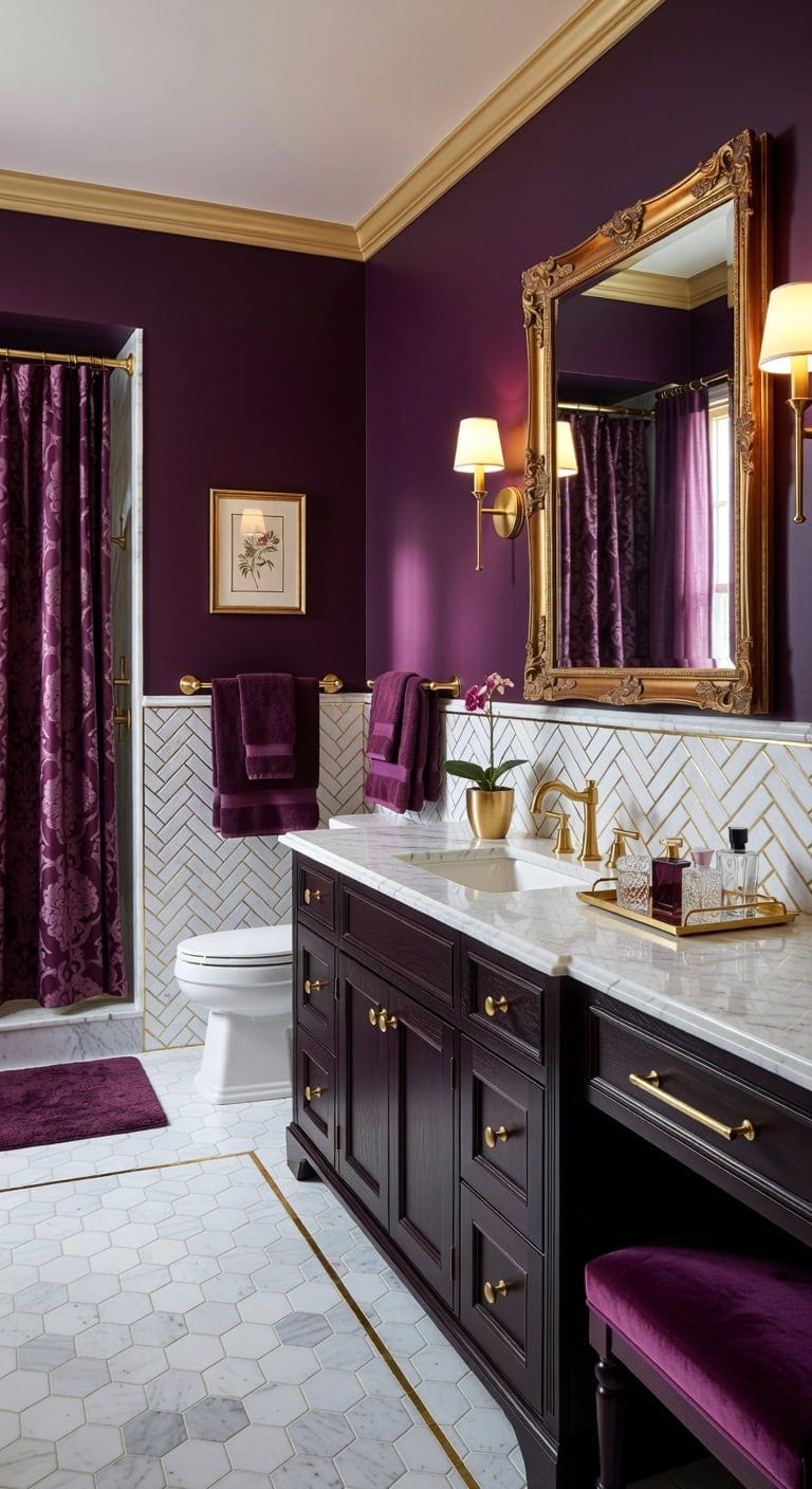 regal bathroom retreat with plum and gold