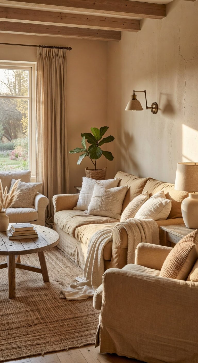 relaxed elegant tan linen upholstery