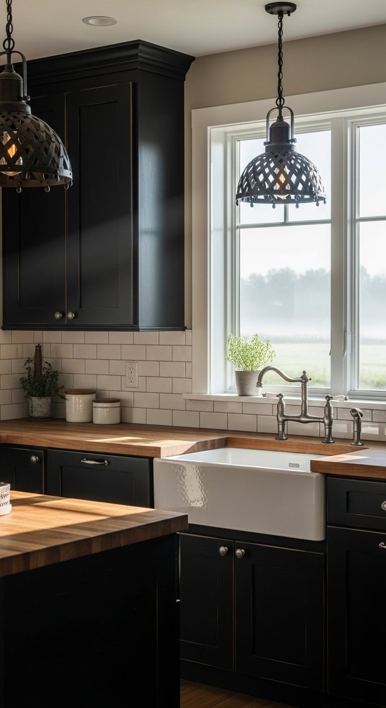 rustic black kitchen cabinets