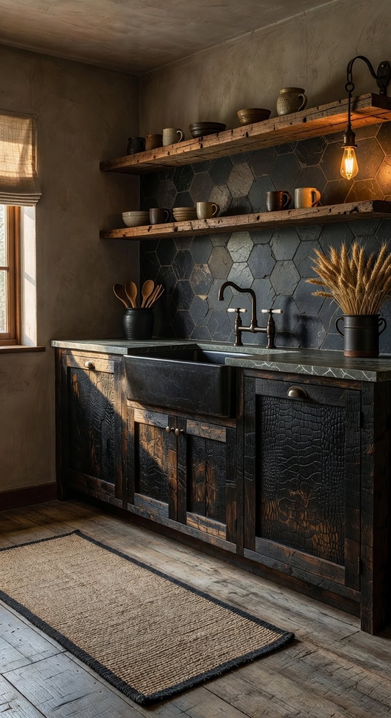 rustic charred textural sophisticated