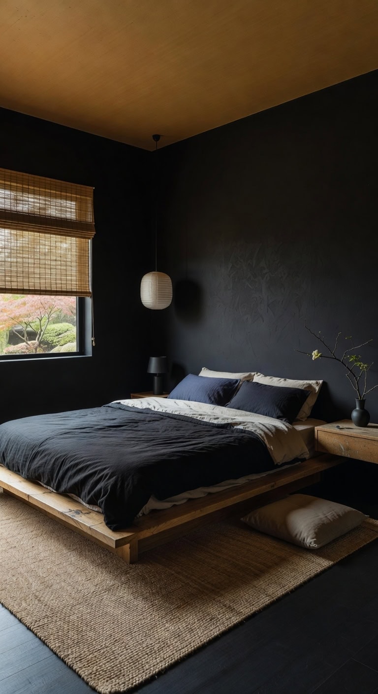 serene japanese inspired black bedroom sanctuary