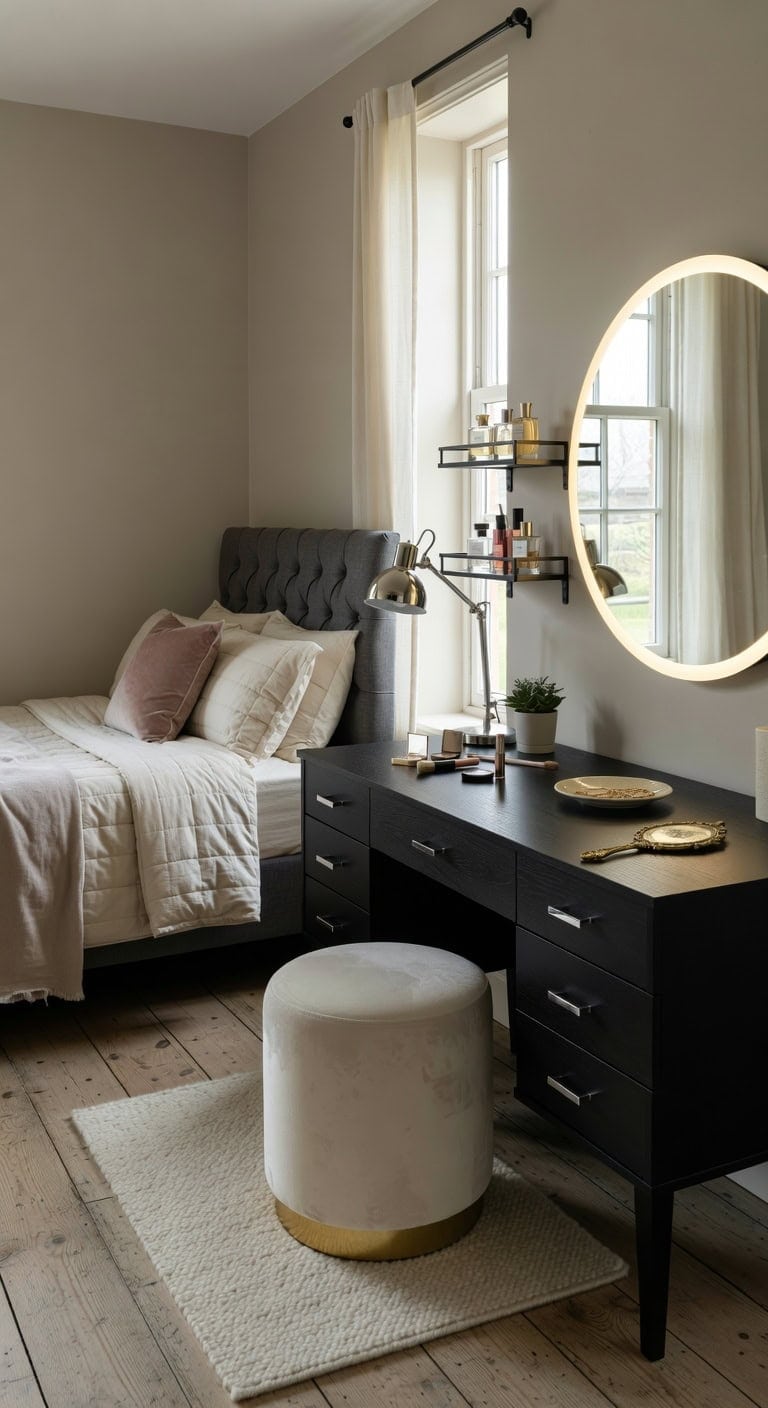 sleek black vanity maximizes bedroom space