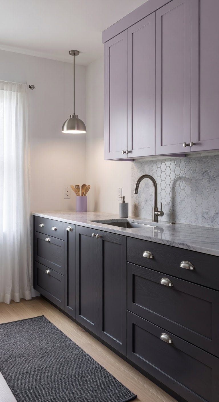 soft lavender bold charcoal kitchen pairing