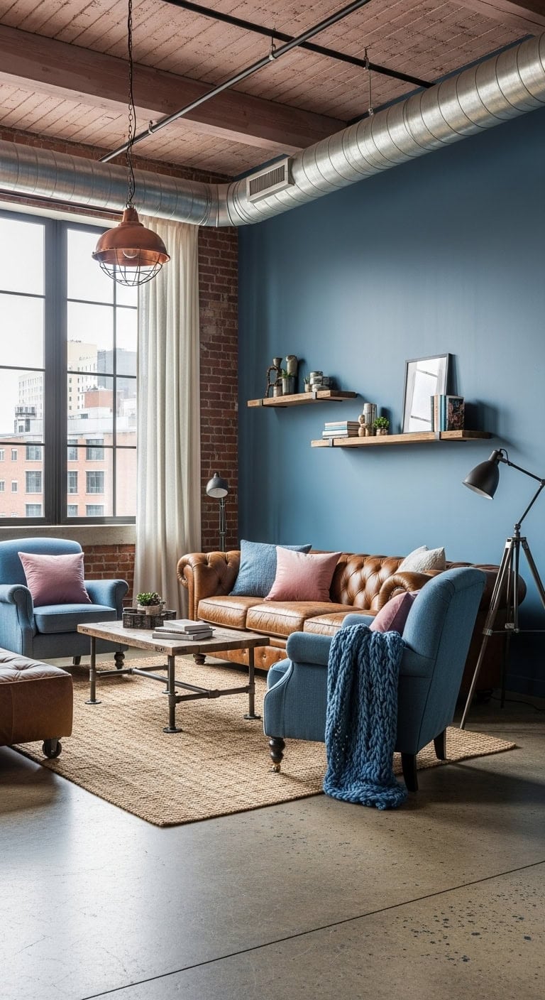 softened industrial space with denim blue