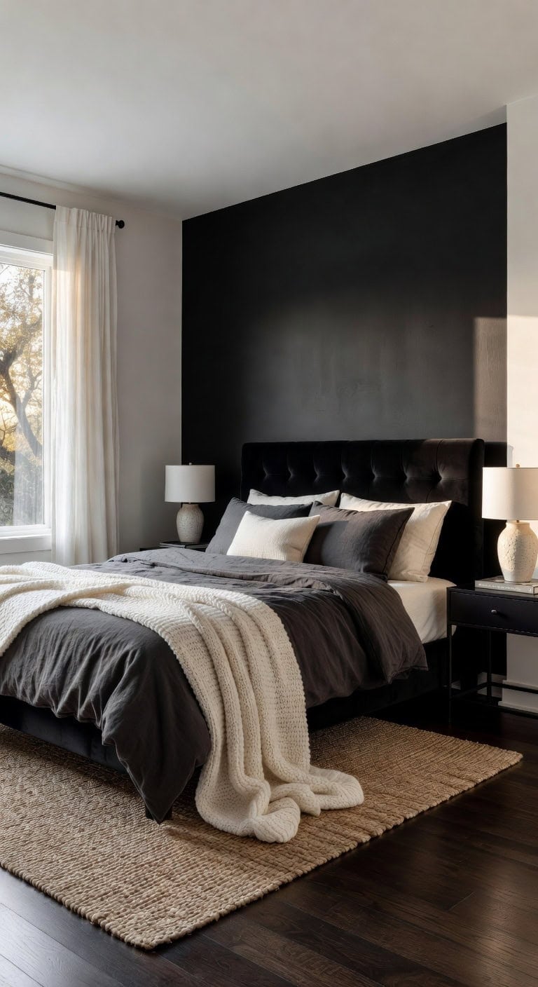 sophisticated bedroom drama with accent wall