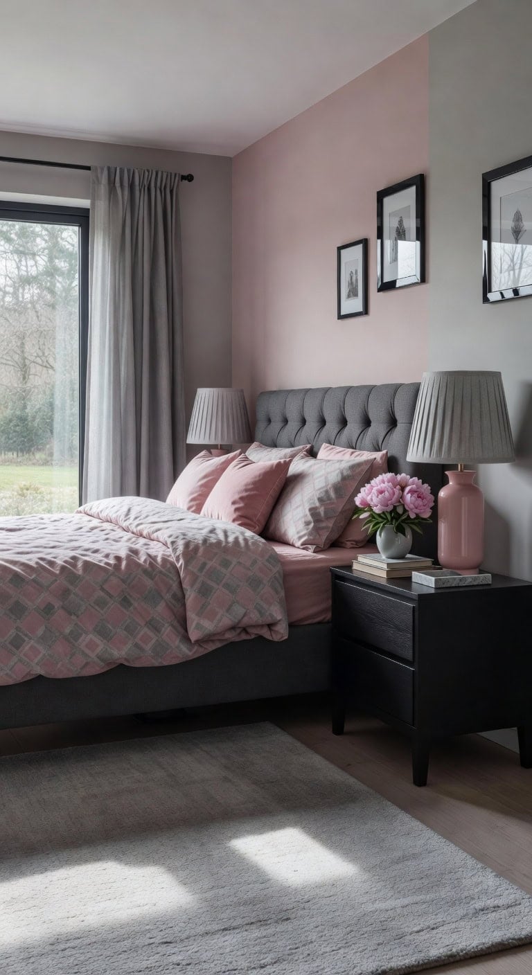 sophisticated black and blush bedroom decor