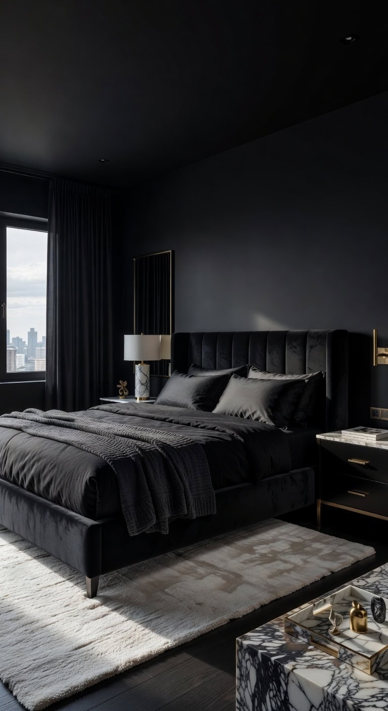 sophisticated black and marble bedroom retreat