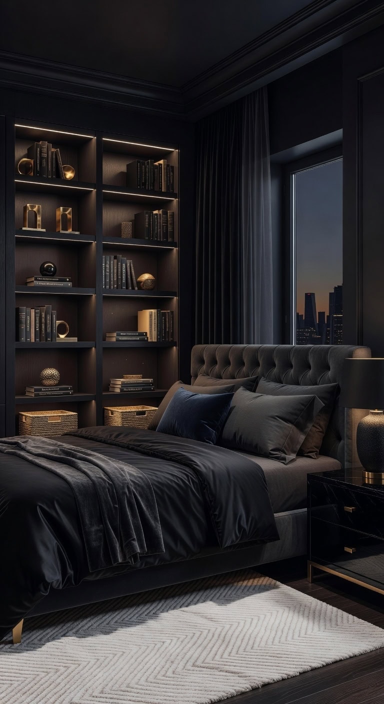 sophisticated black built in shelving with lighting