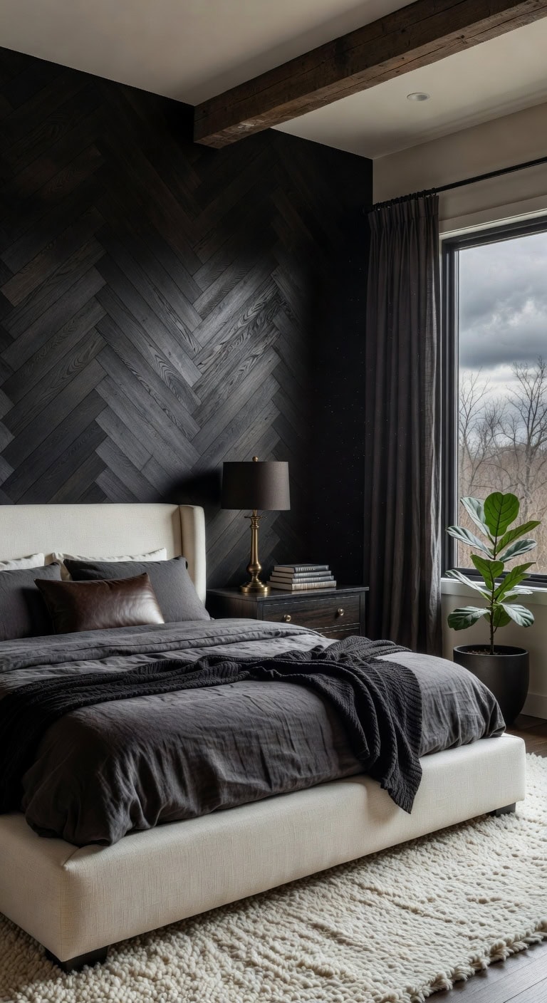 sophisticated black herringbone wood accent wall