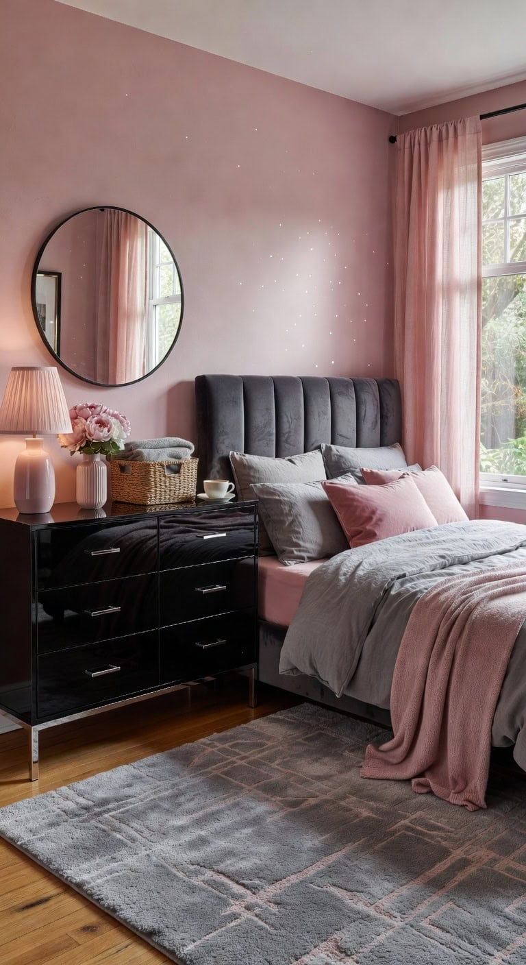 sophisticated black lacquer dresser with pink accents