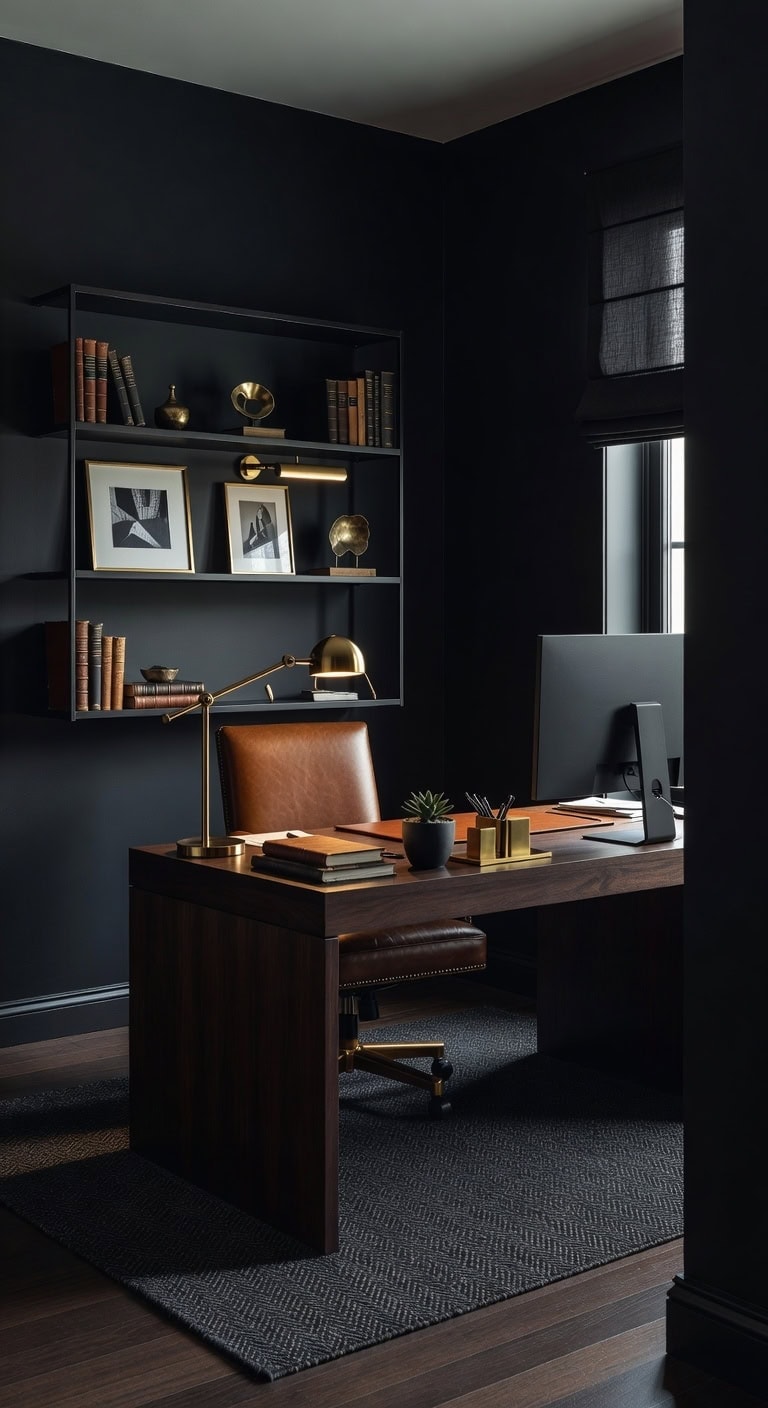 sophisticated black warm leather brass accents