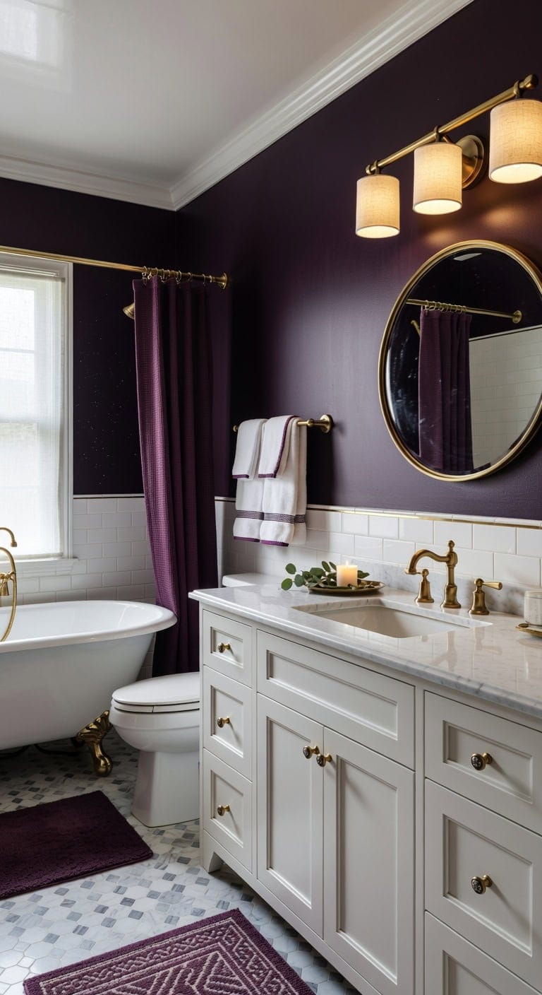 sophisticated cozy layered lighting purple bathroom