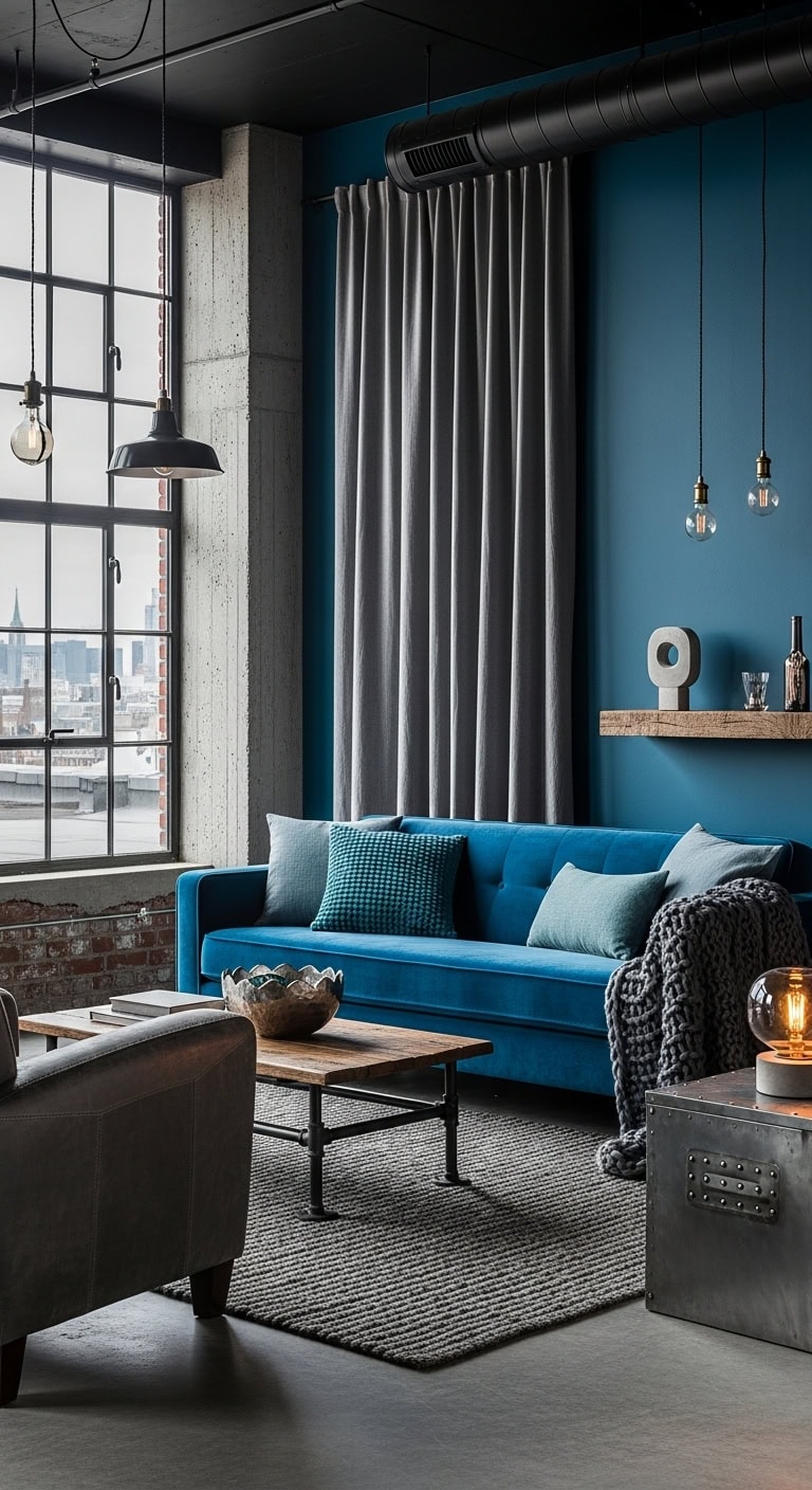 sophisticated industrial loft with petrol blue