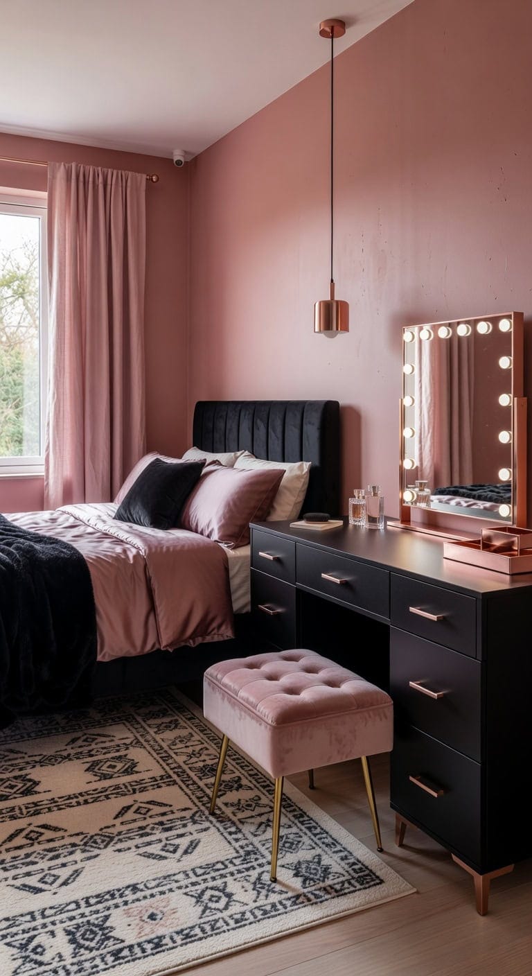 sophisticated matte black vanity rosegold accents