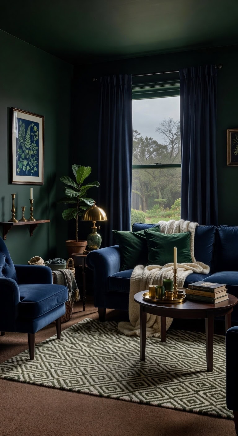 sophisticated moody retreat with deep greens