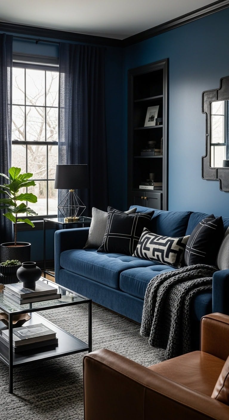 sophisticated navy and black living room